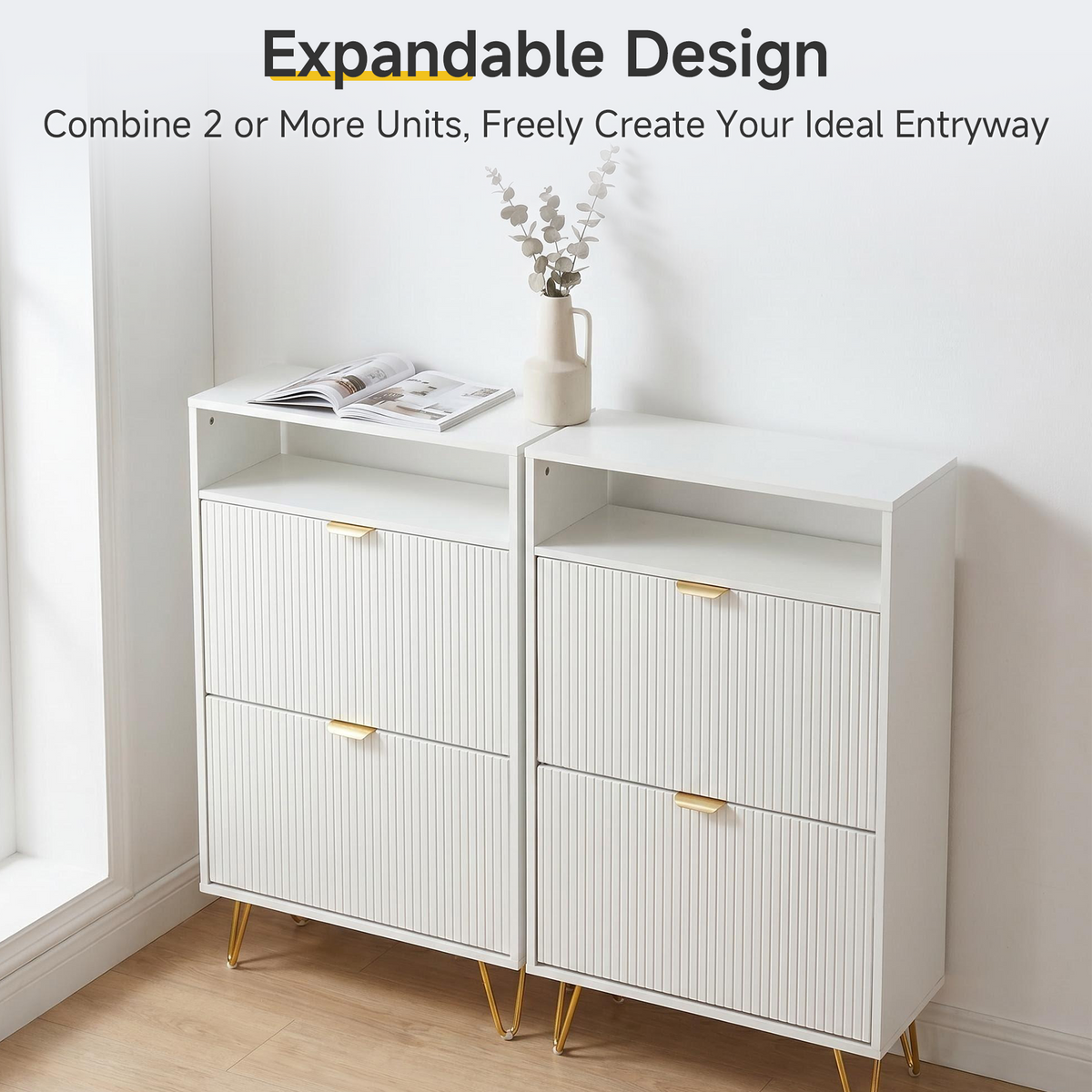 HomeMiYN Narrow White Wood Shoe Cabinet with 2 Flip Doors