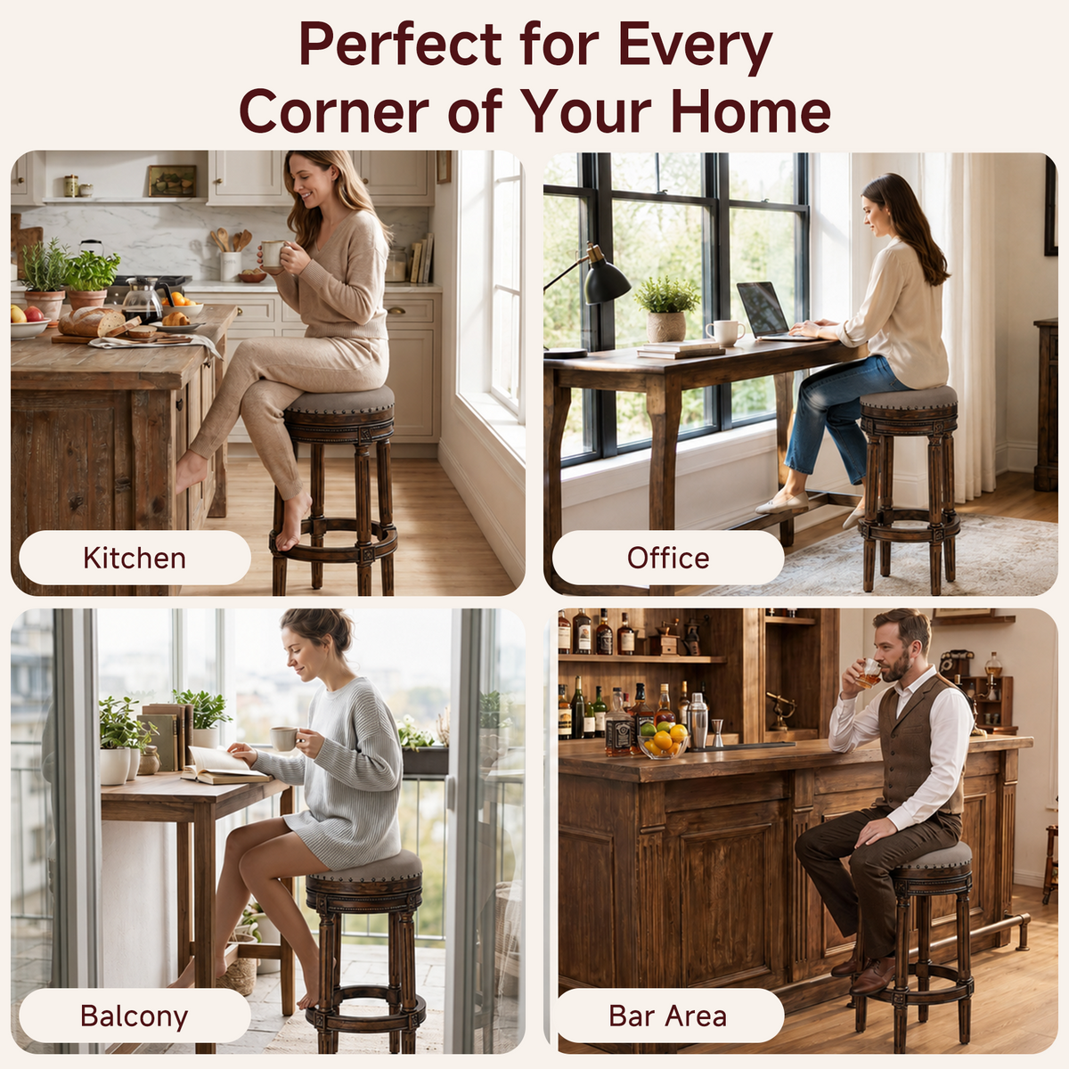 HomeMiYN Wooden Swivel Bar Stool Upholstered Retro Design with Studs