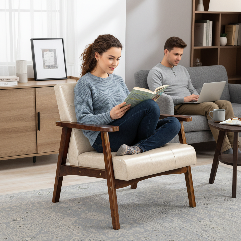 HomeMiYN Mid-Century Armchairs Retro Tufted Faux Leather Accent Chair