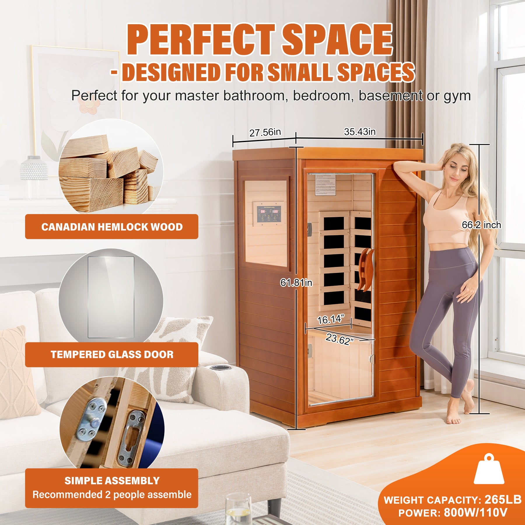 HomeMiYN 1 Single Person Indoor Bluetooth Compatible Low EMF FAR Infrared Sauna in Hemlock