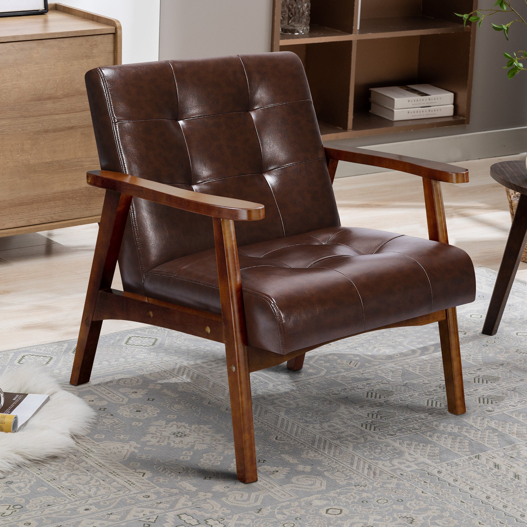 Mid-Century Armchairs Retro Tufted Faux Leather Accent Chair