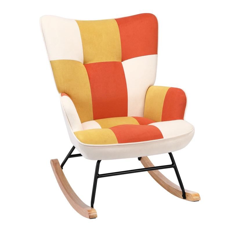 Patchwork rocking chair for the living room in velvet with a metal frame and wooden base.