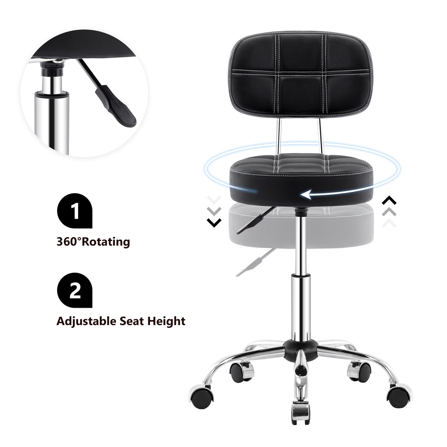 Swivel Round Rolling Stool with Backrest Tattoo Computer Lounge Dinning Pub Black