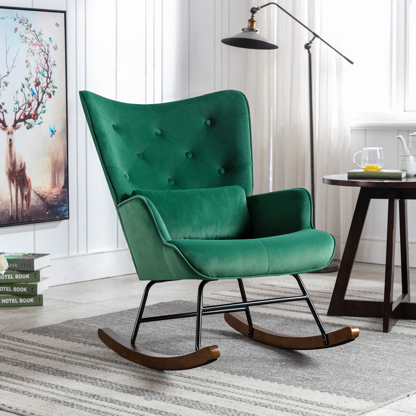 HomeMiYN Velvet Single Rocking Chair Dark Green Upholstered Accent Chair