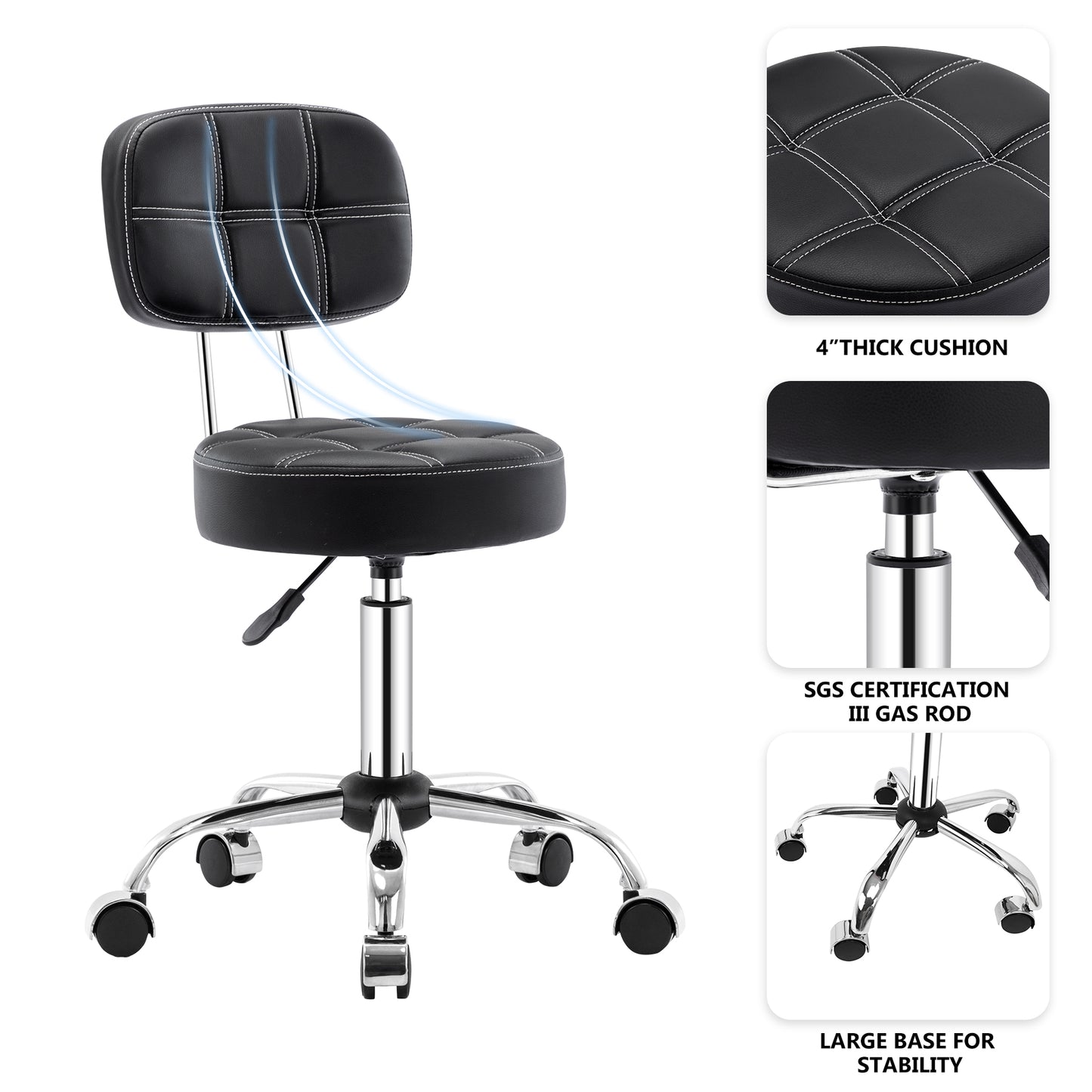 Swivel Round Rolling Stool with Backrest Tattoo Computer Lounge Dinning Pub Black