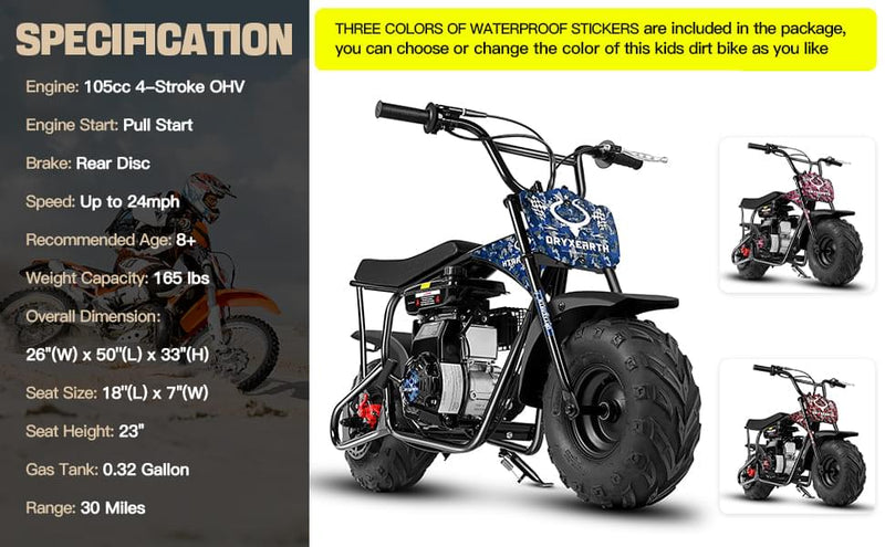 ORXYEARTH Mini Dirt Bike for Kids Gas Powered Dirt Pit Bikes Off-Road Motorcycle