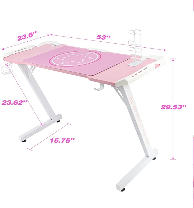 HomeMiYN Gaming Desk RGB Effect Lighting Ergonomic Computer Game Desk Pink