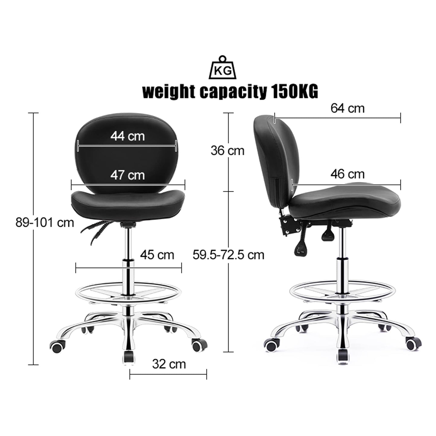 Drafting Chair with Wheels Ergonomic Studio Chair with Adjustable Footrest Black