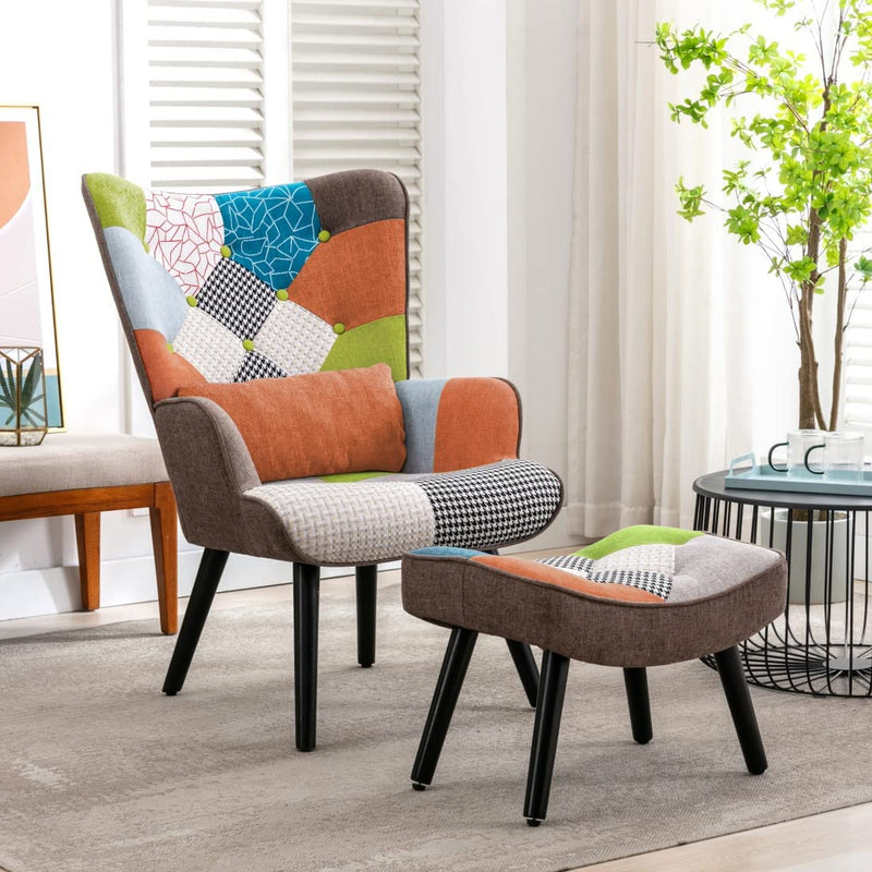 HomeMiYN Patchwork Chair,Accent Armchair with Ottoman Single Sofa Chair Orange