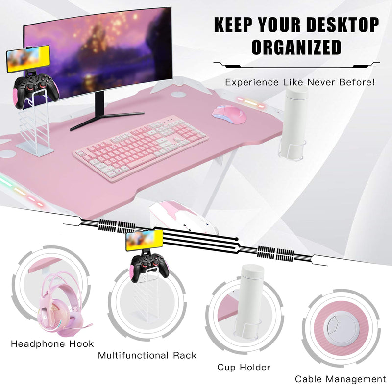 HomeMiYN Gaming Desk RGB Effect Lighting Ergonomic Computer Game Desk Pink