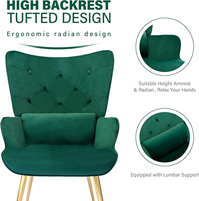 HomeMiYN Velvet Accent Chair Tufted Buttoned Wingback Armchair Green