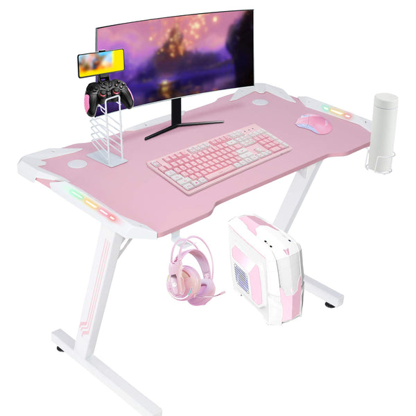 HomeMiYN Gaming Desk RGB Effect Lighting Ergonomic Computer Game Desk Pink