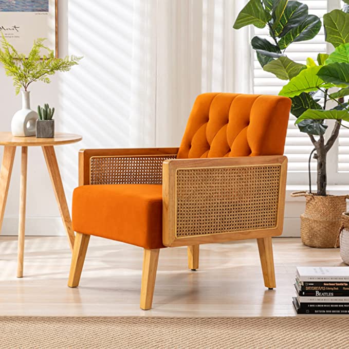 Modern Cane Armchair with Rattan Wicker Breathable Armrest 3 Colors