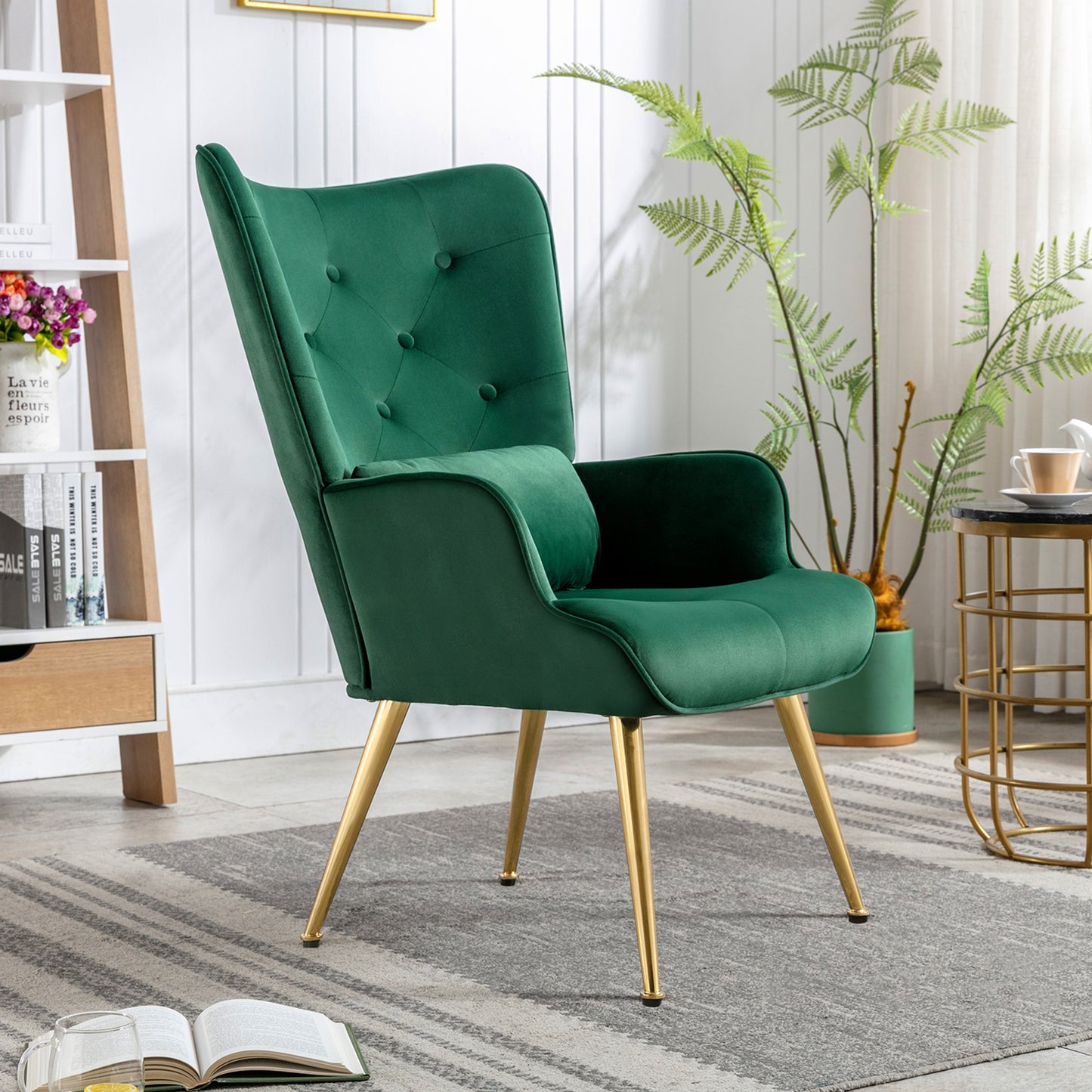 HomeMiYN Velvet Accent Chair Tufted Buttoned Wingback Armchair Green