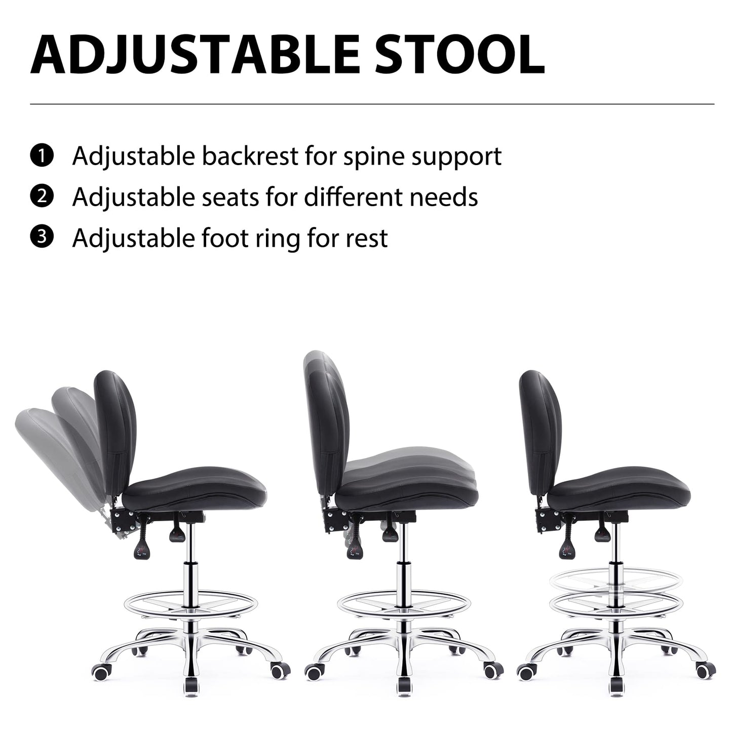 Drafting Chair with Wheels Ergonomic Studio Chair with Adjustable Footrest Black