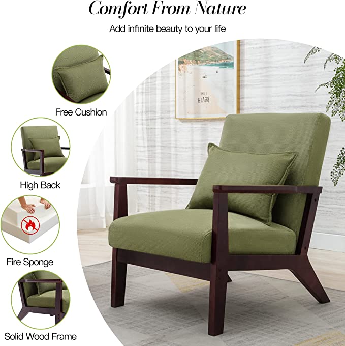 Mid-Century Wood Frame Armchair Retro Accent Chair with Pillow Breathable 5 Colors