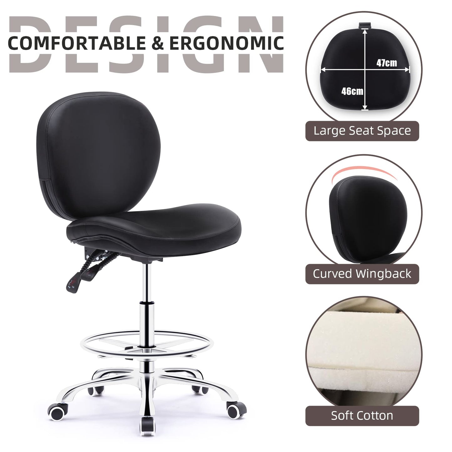 Drafting Chair with Wheels Ergonomic Studio Chair with Adjustable Footrest Black