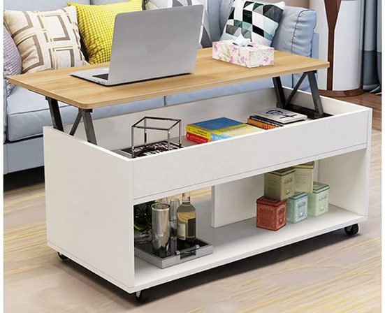 HomeMiYN Coffee Table Height-adjustable Living Room Table With Storage Compartment