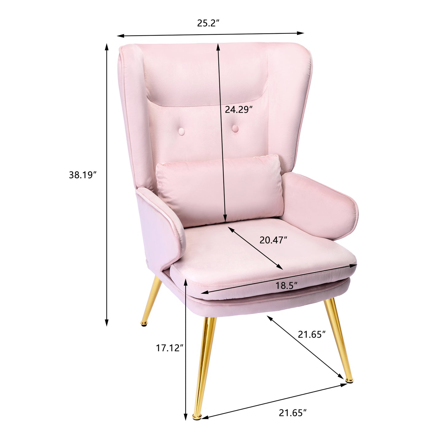 HomeMiYN Velvet Upholstered Chair with Solid Wood Legs and Waist Pillow Pink